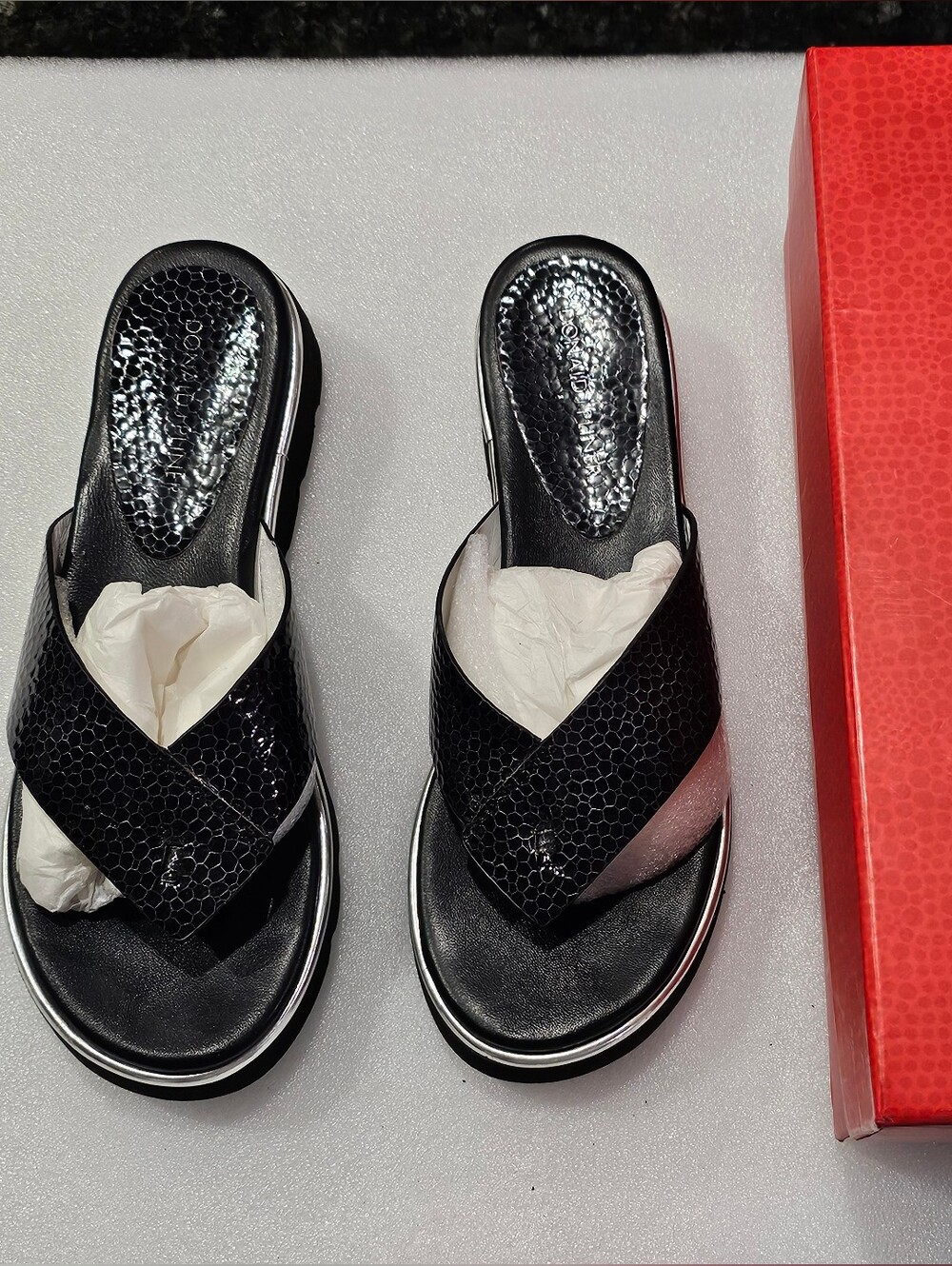 Donald J. Pliner Black Crisscross Slide Sandals- Black Texturized Patent